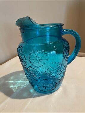 Anchor Hocking Spring Song Blue Floral Pressed Glass Pitcher